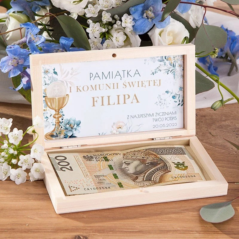Pudełko na pieniądze komunia niebieskie kwiaty kielich
